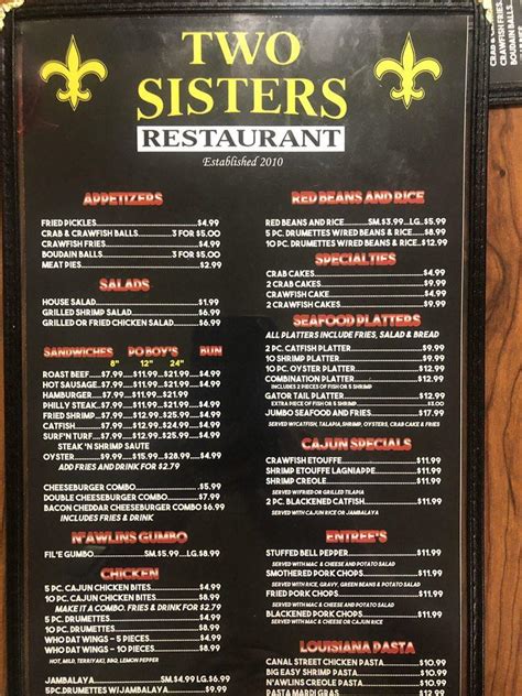 Two sisters restaurant - Mar 12, 2023 · Two Sisters Cafe. Unclaimed. Review. Save. Share. 63 reviews #5 of 37 Restaurants in Sherwood $$ - $$$ American Cafe Vegetarian Friendly. 3130 E Kiehl Ave, Sherwood, AR 72120-3230 +1 501-819-0189 Website Menu. Open now : 07:30 AM - 8:00 PM. 